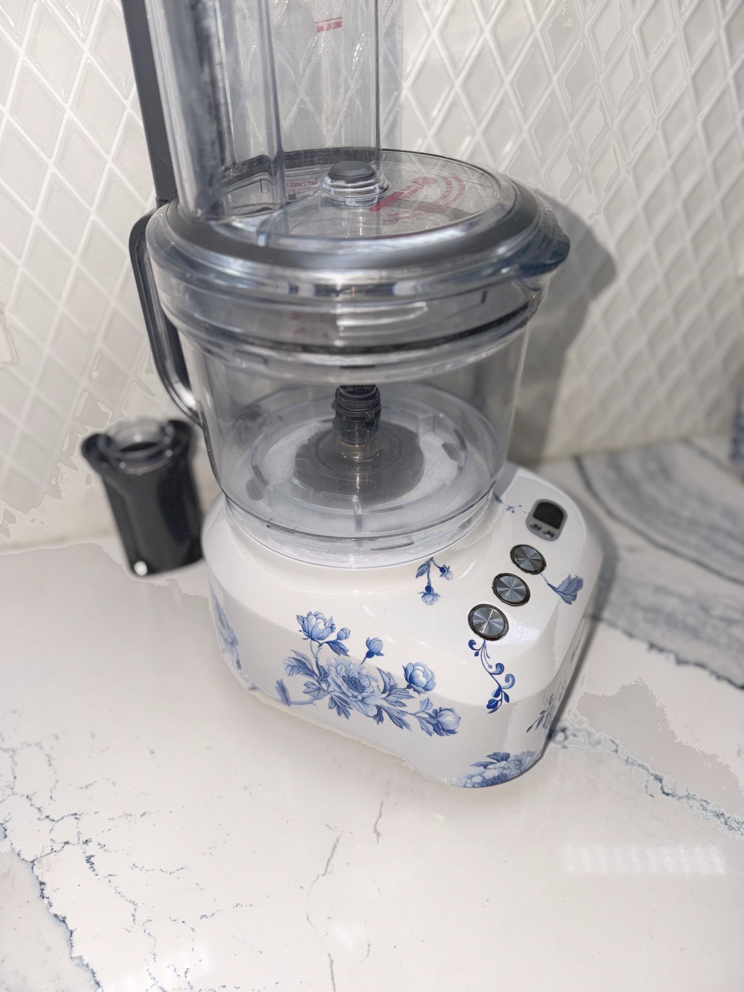 White Breville food processor with blue chinoiserie flowers