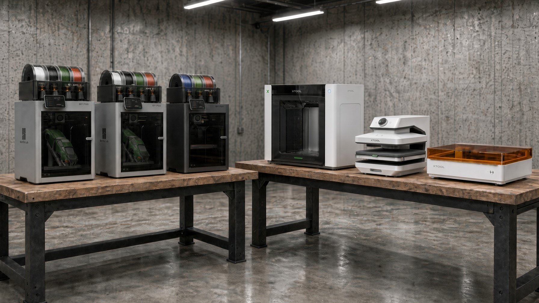 Precision maker bay with UV laser cutter, enclosed 3D printers, and a workbench