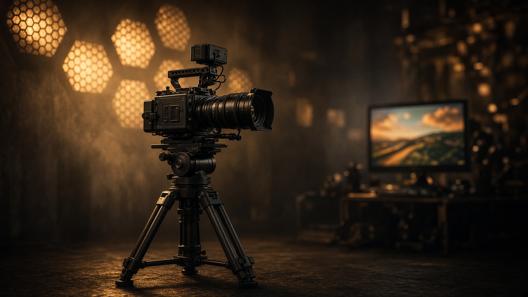 Cinema camera and honeycomb LED lighting in a dark treated room