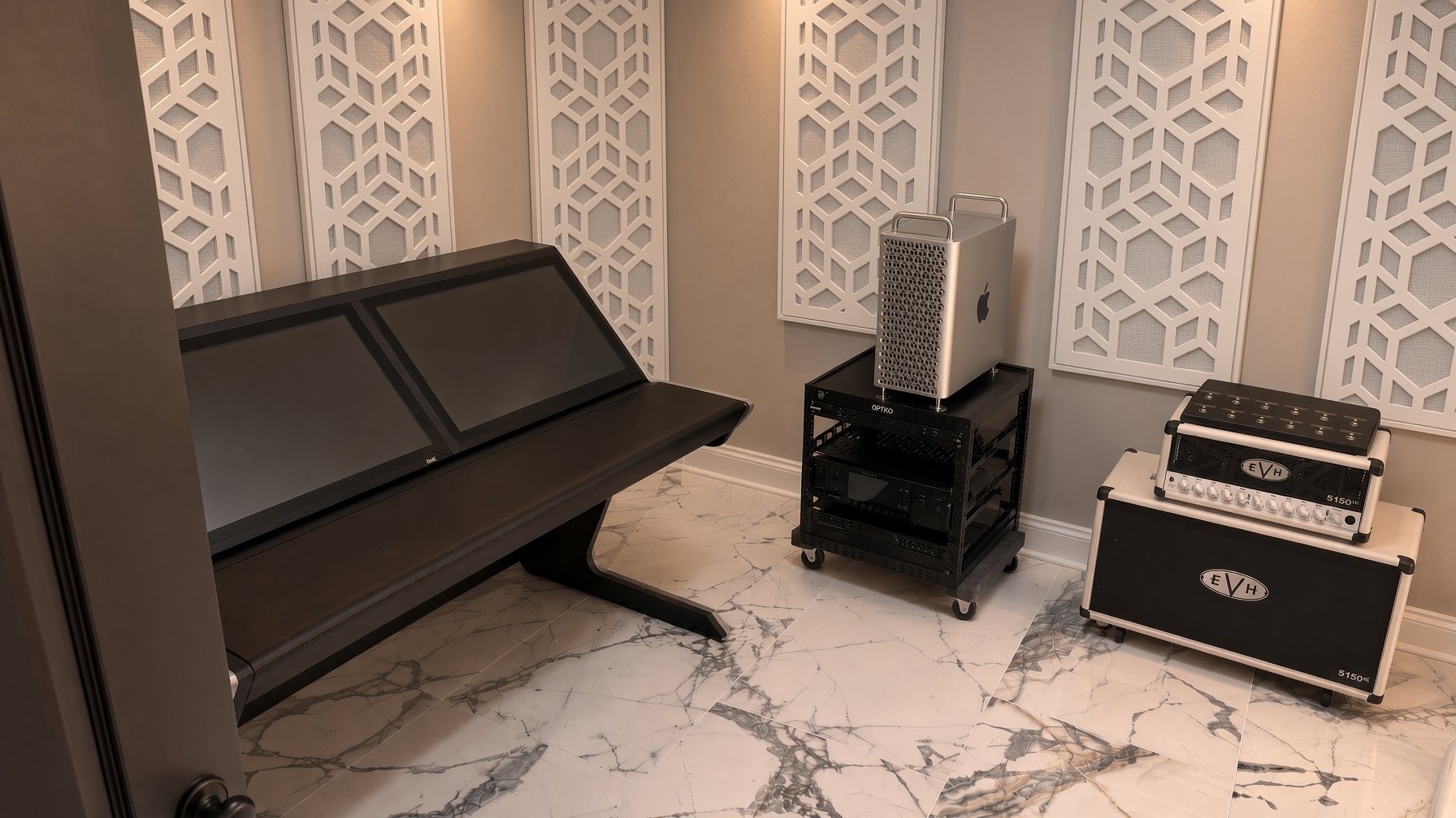 Slate mix desk, Mac Pro, and EVH 5150 in a treated room